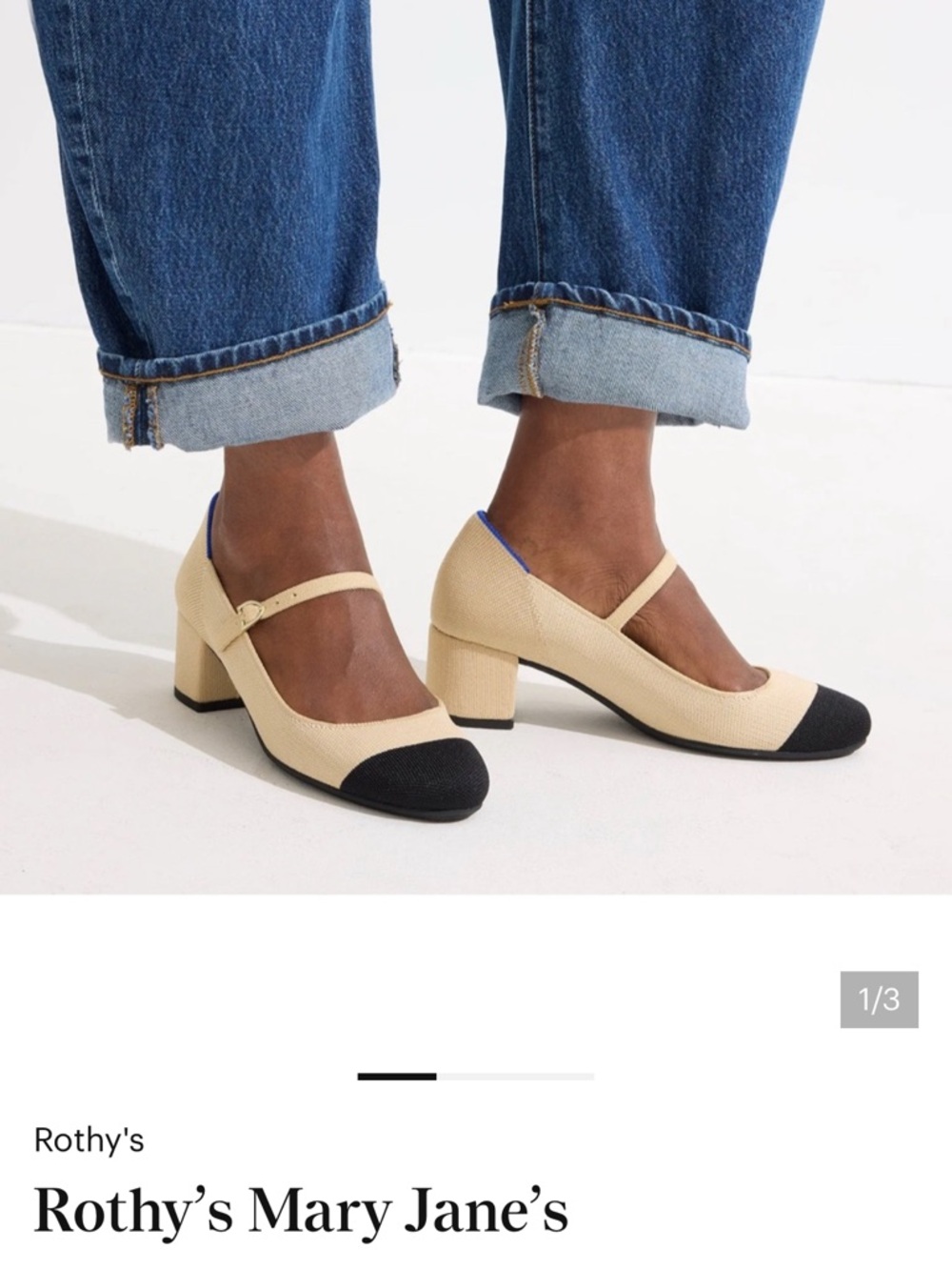 Rothy's Beige Mary Jane Block Heel Pumps with Black Cap Toe